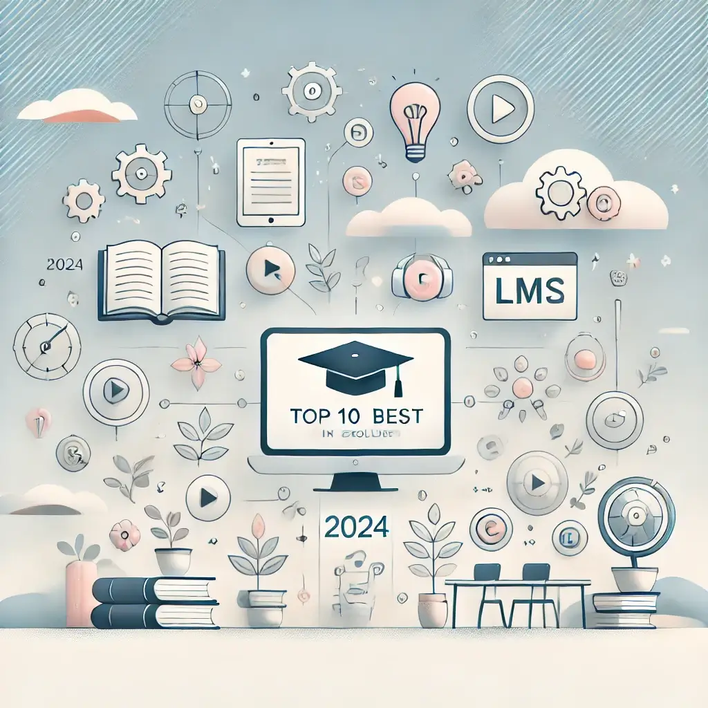 illustrated image representing the top 10 best LMS solutions in 2024. The design features minimalistic elements and soft colors, hig (1)