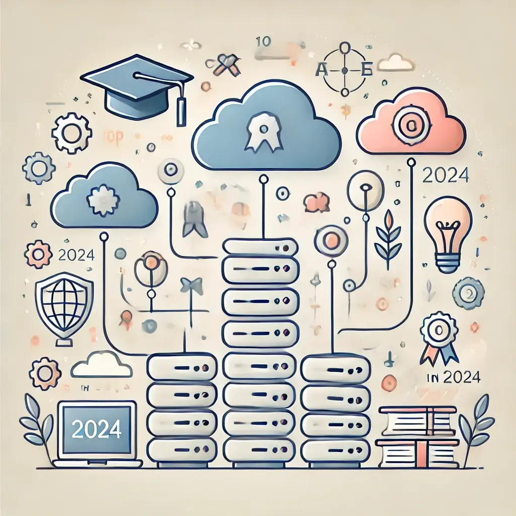 Illustrated image representing the top 10 best Moodle hosting service providers in 2024. The design features minimalistic elements a (1)